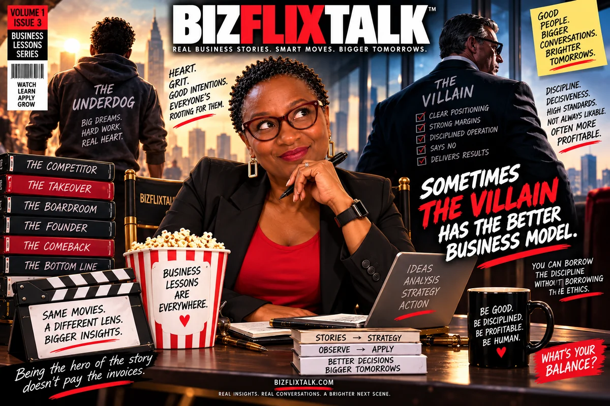 BizFlixTalk cover: Sometimes the villain has the better business model - the underdog and the villain either side of Kat Shepherd