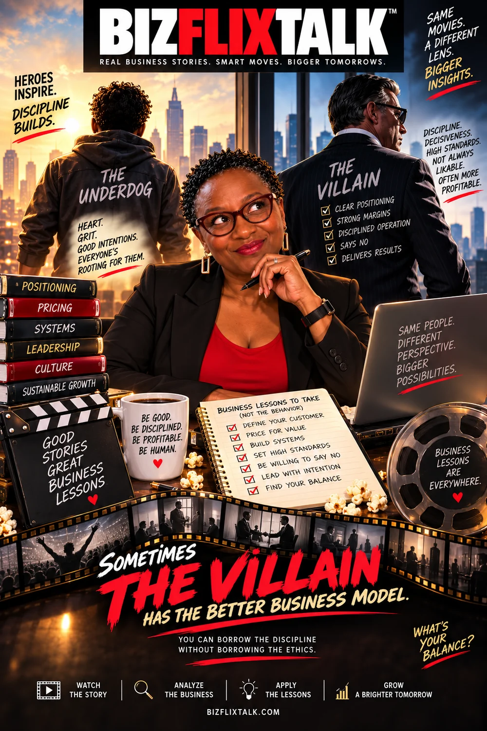 BizFlixTalk cover illustration: business lessons to take, not the behavior - define your customer, price for value, build systems, set high standards, be willing to say no