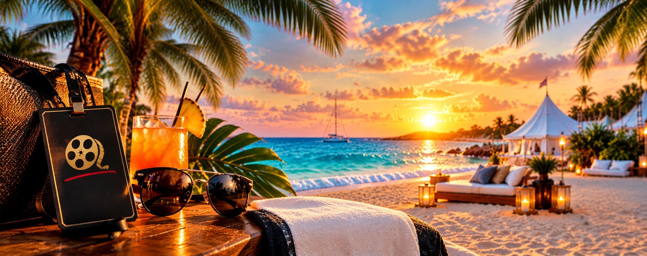 A luxury sunset beach scene with a film reel logo, cocktail, sunglasses and glamping tents — the paradise the marketing promised