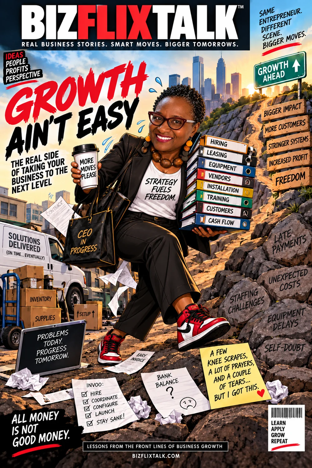 BizFlixTalk cover illustration: Kat Shepherd carrying binders labelled hiring, leasing, equipment, vendors, installation, training, customers and cash flow up a rocky climb