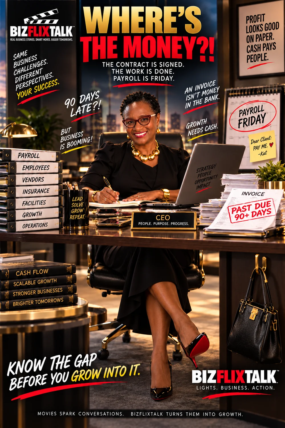 BizFlixTalk cover illustration: Kat Shepherd at a desk with a past-due invoice, binders labelled payroll, employees, vendors, insurance and facilities, and payroll Friday circled on the calendar