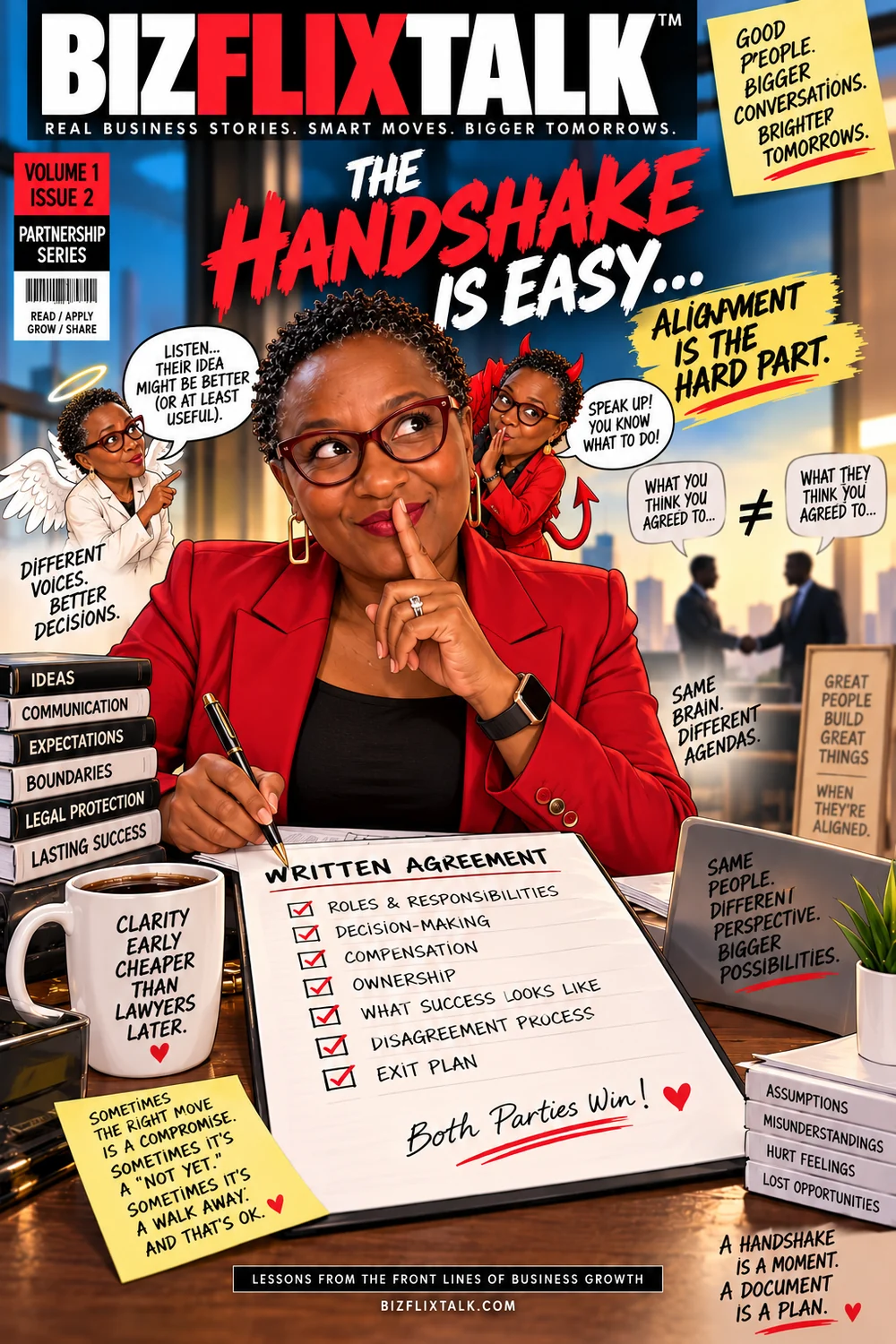 BizFlixTalk cover illustration: Kat Shepherd with a written agreement checklist covering roles, decision-making, compensation, ownership and exit plan