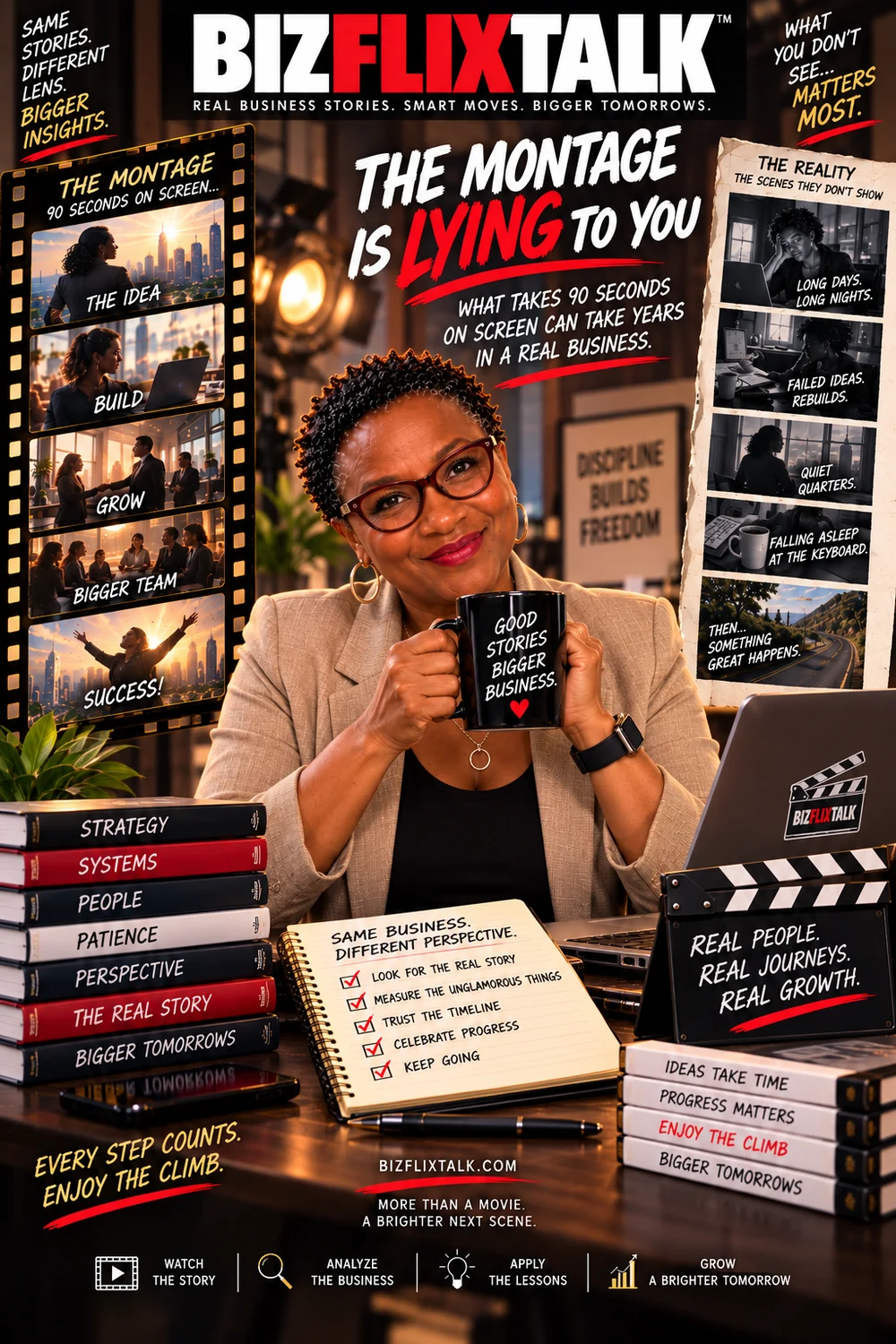 BizFlixTalk cover illustration: two filmstrips side by side, the polished montage versus the scenes they do not show - long days, failed ideas, quiet quarters