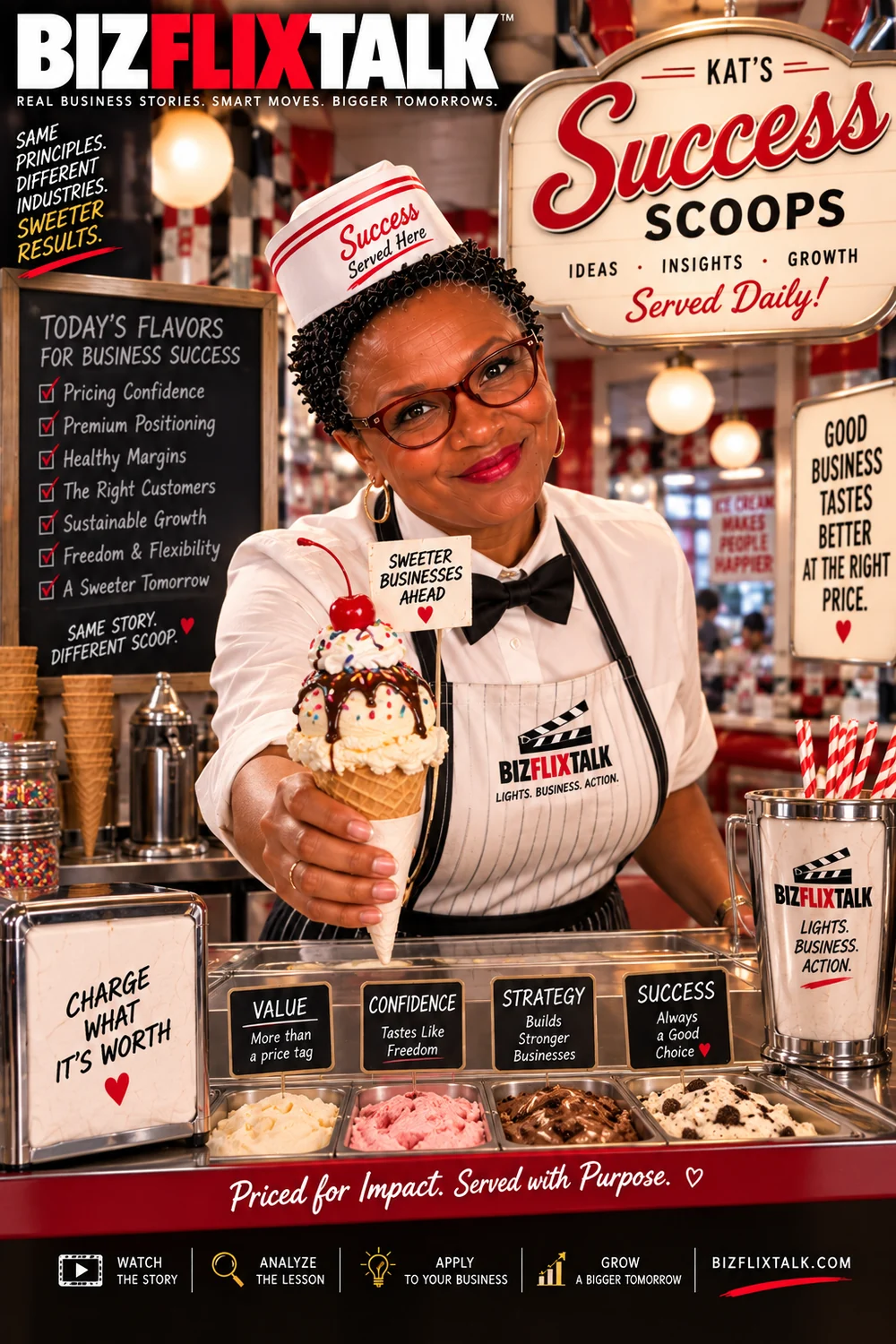 BizFlixTalk cover illustration: Kat Shepherd behind an ice cream counter with flavors labelled value, confidence, strategy and success