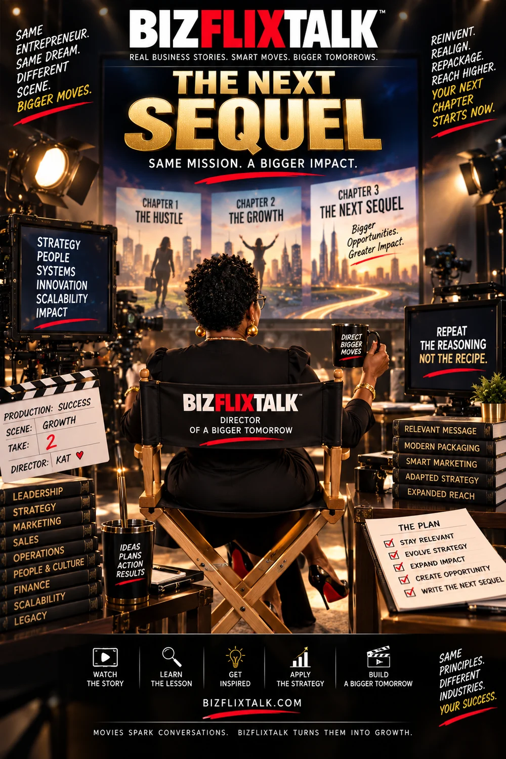 BizFlixTalk cover illustration: Kat Shepherd in a director chair watching three chapters on screen - the hustle, the growth and the next sequel