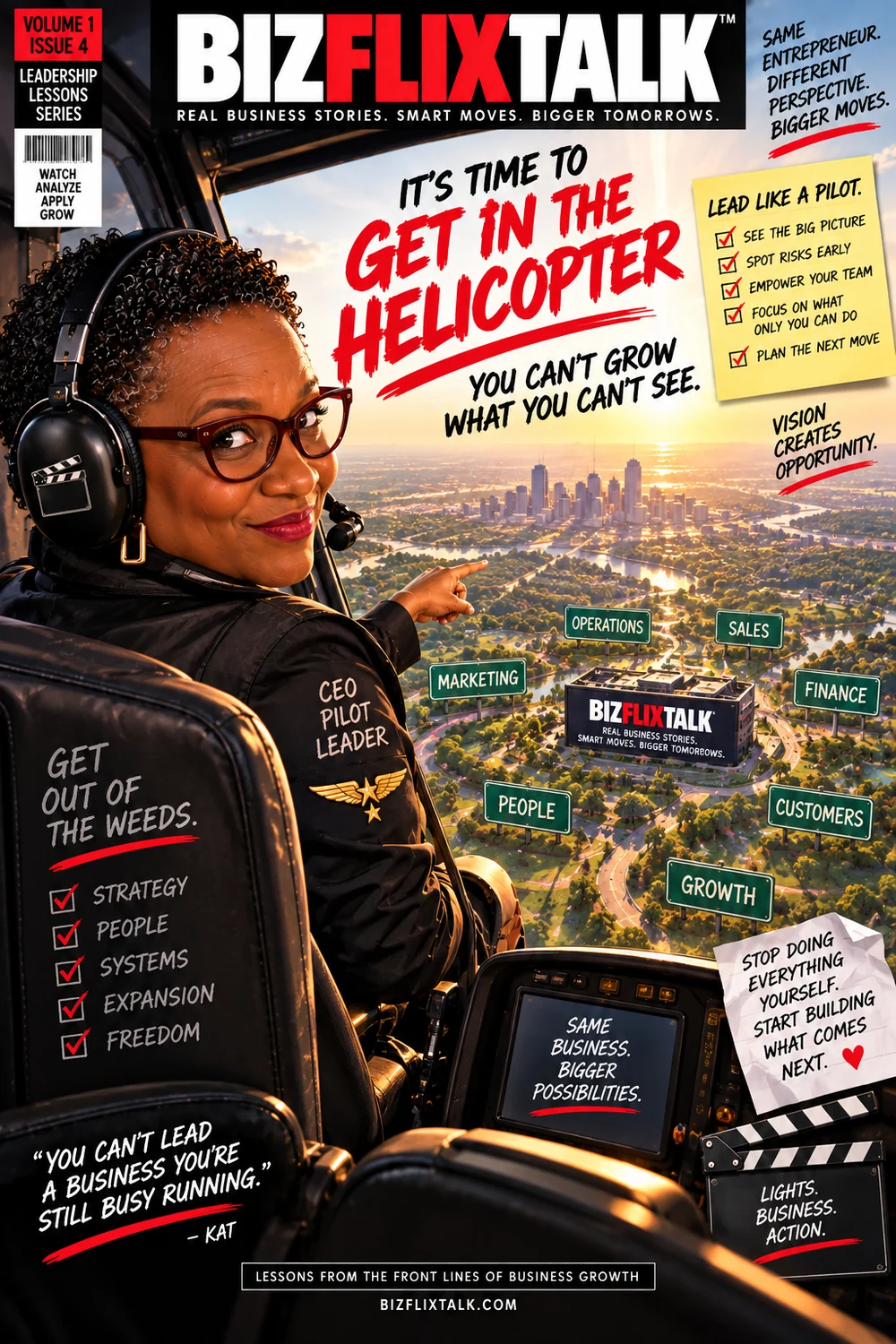 BizFlixTalk cover illustration: Kat Shepherd piloting a helicopter above a business landscape signposted operations, sales, marketing, finance, people, customers and growth