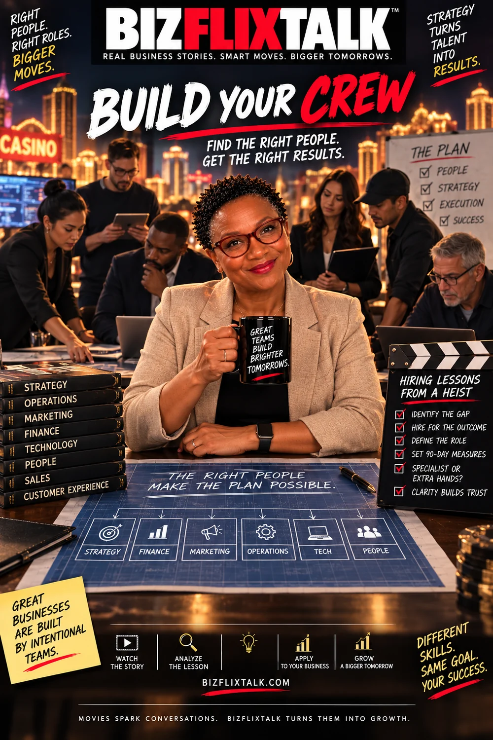 BizFlixTalk cover illustration: a working team around a table with a plan on the wall, a blueprint of business functions and a hiring checklist