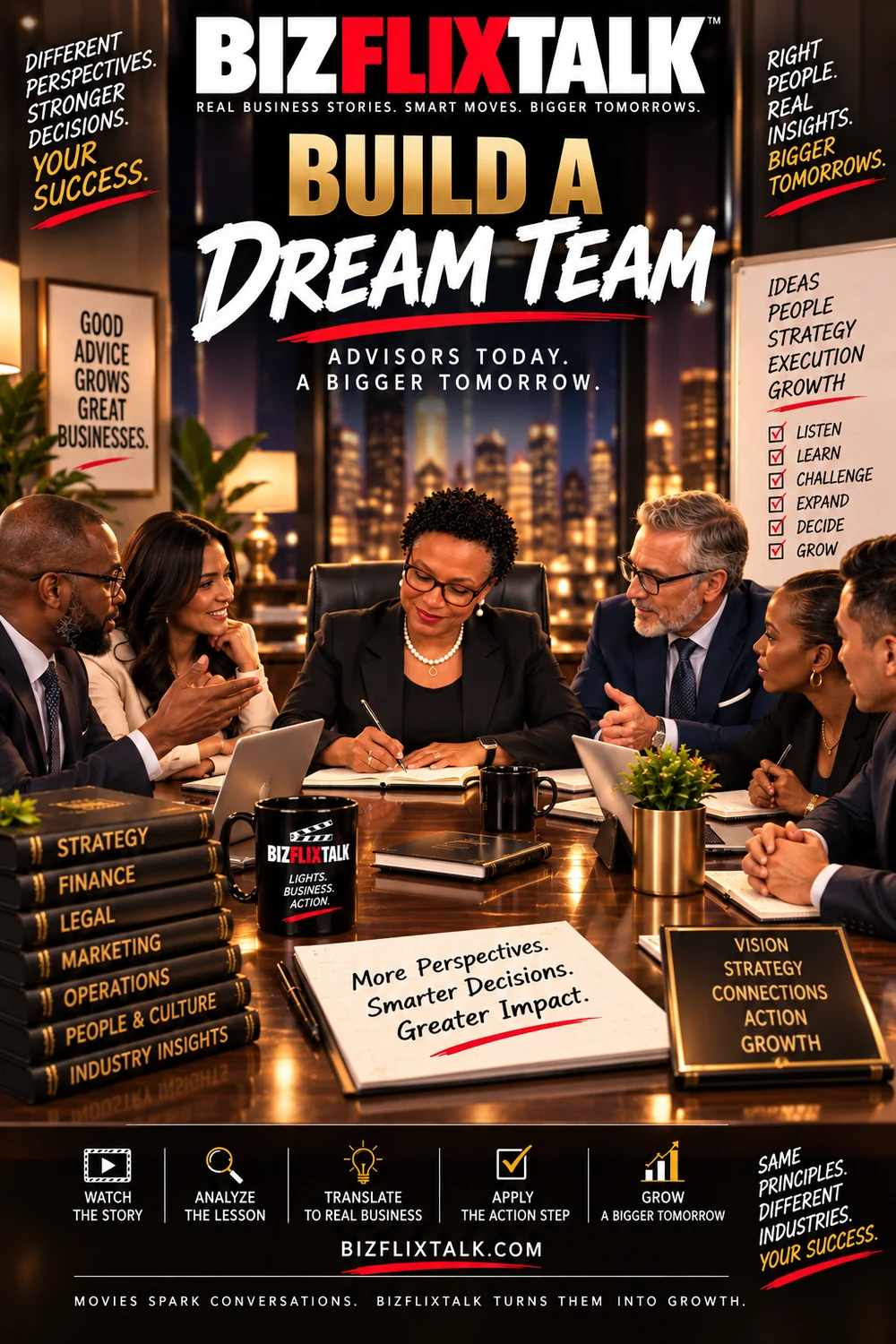BizFlixTalk cover illustration: Kat Shepherd at a boardroom table with six advisors, beside books labelled strategy, finance, legal, marketing, operations, people and culture, and industry insights